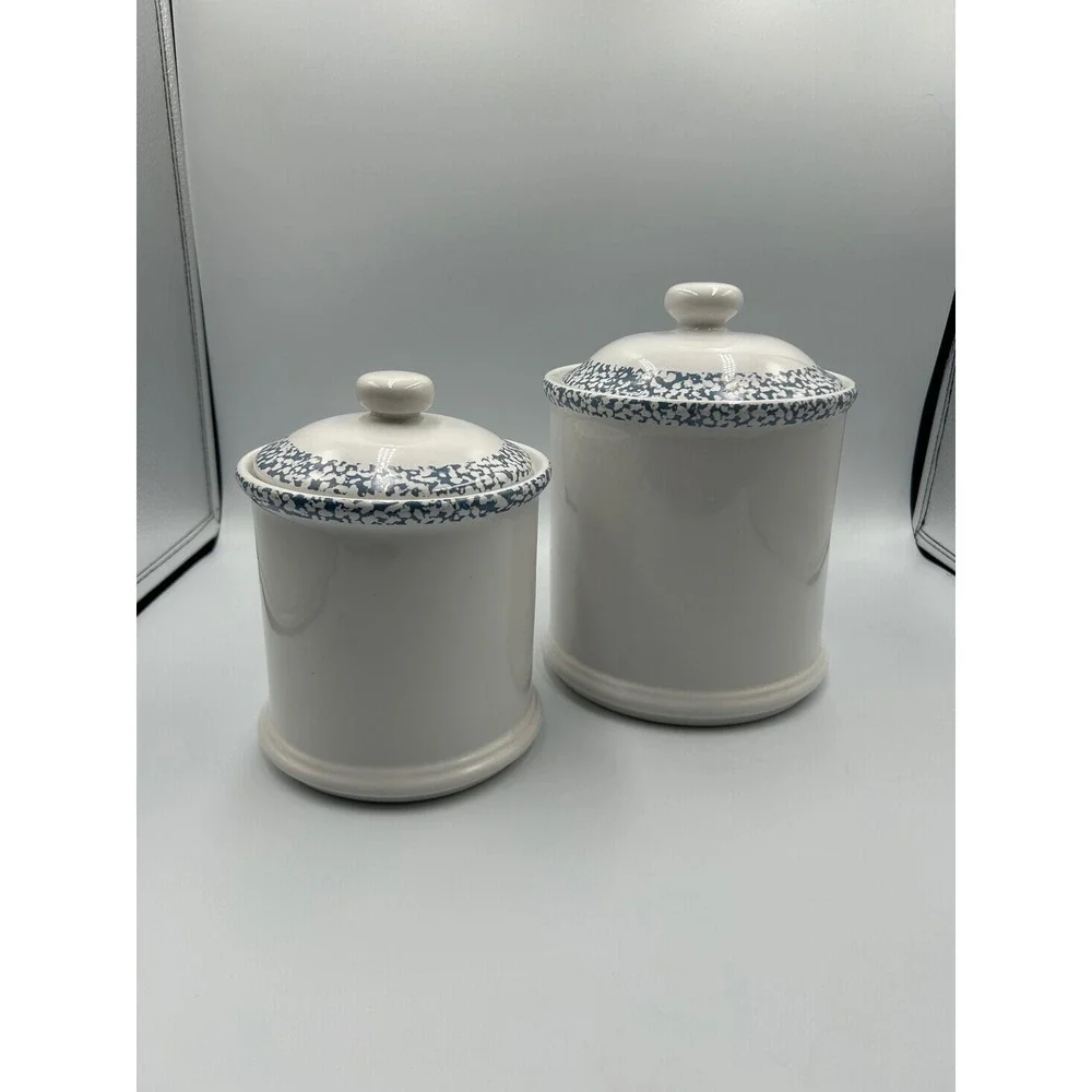 Jay Ceramic Canister Set 2pc Blue Sponge Heart White Farmhouse Kitchen Jars